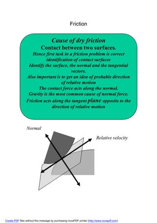 Friction


                                     Cause of dry friction
                             Contact between two surfaces.
                    Hence first task in a friction problem is correct
                            identification of contact surfaces
                  Identify the surface, the normal and the tangential
                                          vectors.
                 Also important is to get an idea of probable direction
                                    of relative motion
                        The contact force acts along the normal.
                  Gravity is the most common cause of normal force.
                 Friction acts along the tangent plane opposite to the
                               direction of relative motion



                 Normal

                                                                          Relative velocity




Create PDF files without this message by purchasing novaPDF printer (http://www.novapdf.com)
 