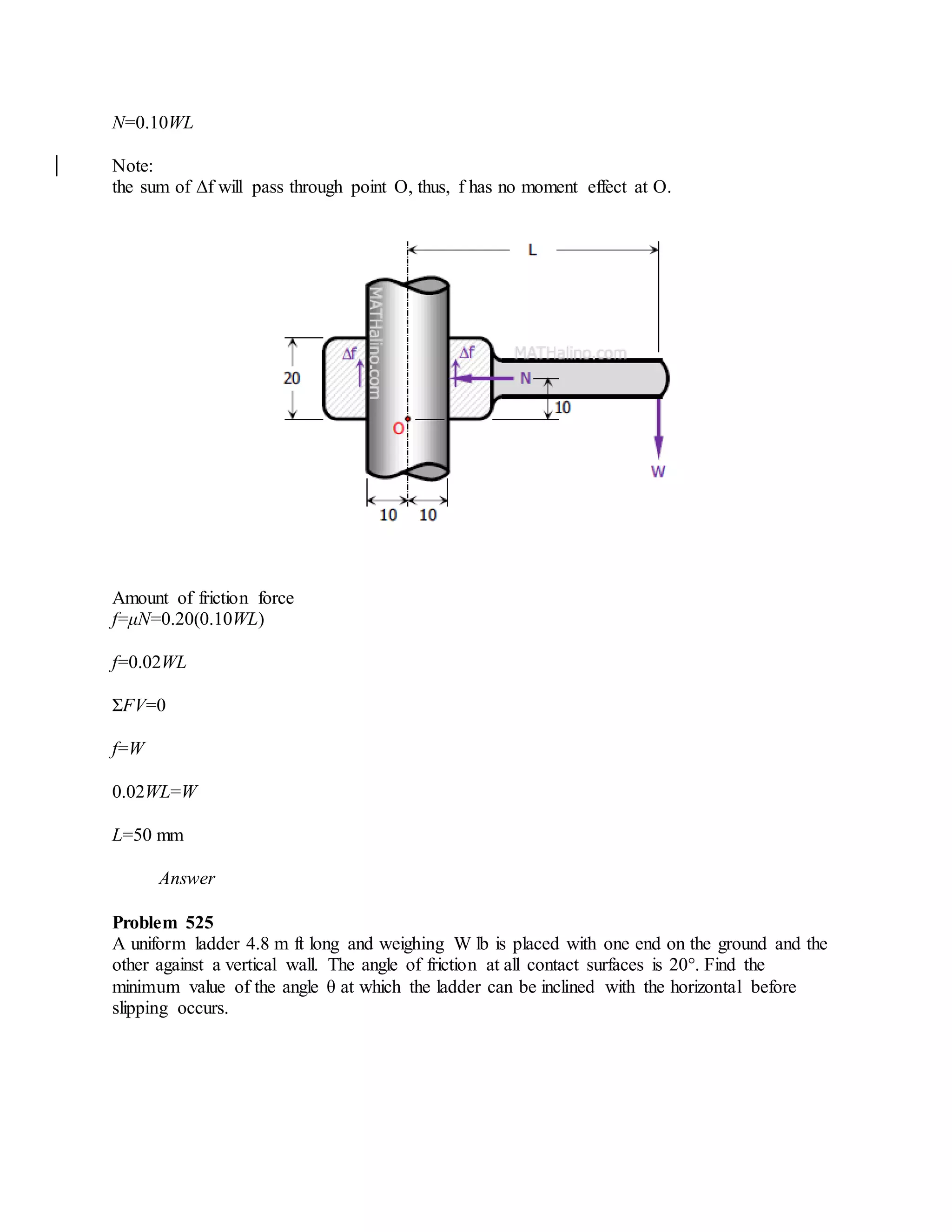 N=0.10WL
Note:
the sum of Δf will pass through point O, thus, f has no moment effect at O.
Amount of friction force
f=μN=0.20(0.10WL)
f=0.02WL
ΣFV=0
f=W
0.02WL=W
L=50 mm
Answer
Problem 525
A uniform ladder 4.8 m ft long and weighing W lb is placed with one end on the ground and the
other against a vertical wall. The angle of friction at all contact surfaces is 20°. Find the
minimum value of the angle θ at which the ladder can be inclined with the horizontal before
slipping occurs.
 
