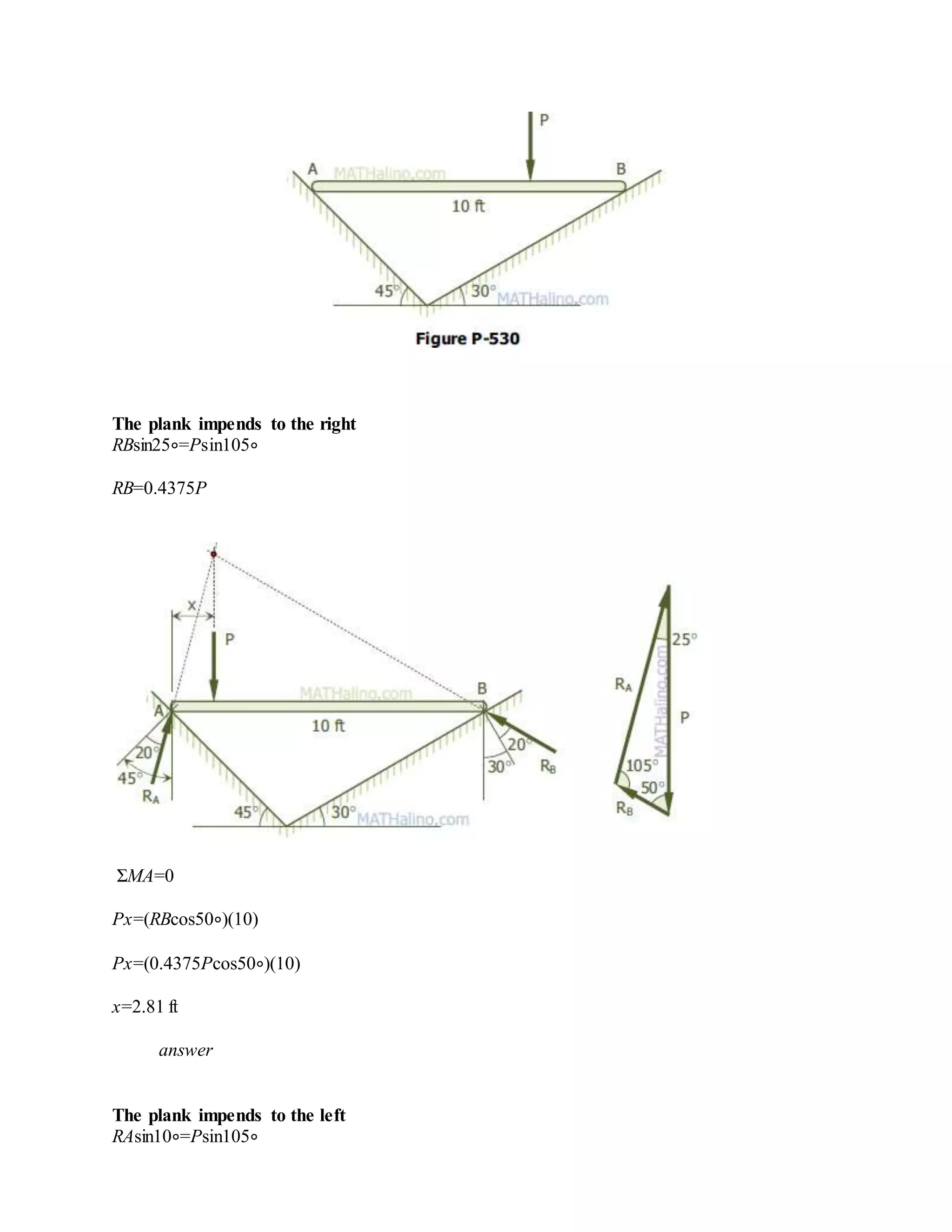The plank impends to the right
RBsin25∘=Psin105∘
RB=0.4375P
ΣMA=0
Px=(RBcos50∘)(10)
Px=(0.4375Pcos50∘)(10)
x=2.81 ft
answer
The plank impends to the left
RAsin10∘=Psin105∘
 