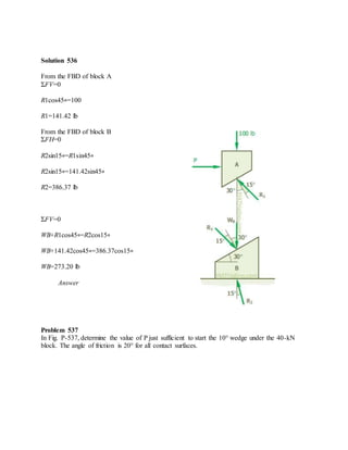 Solution 536
From the FBD of block A
ΣFV=0
R1cos45∘=100
R1=141.42 lb
From the FBD of block B
ΣFH=0
R2sin15∘=R1sin45∘
R2sin15∘=141.42sin45∘
R2=386.37 lb
ΣFV=0
WB+R1cos45∘=R2cos15∘
WB+141.42cos45∘=386.37cos15∘
WB=273.20 lb
Answer
Problem 537
In Fig. P-537, determine the value of P just sufficient to start the 10° wedge under the 40-kN
block. The angle of friction is 20° for all contact surfaces.
 