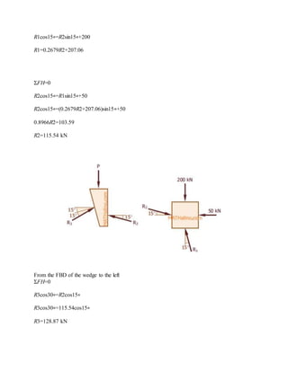 R1cos15∘=R2sin15∘+200
R1=0.2679R2+207.06
ΣFH=0
R2cos15∘=R1sin15∘+50
R2cos15∘=(0.2679R2+207.06)sin15∘+50
0.8966R2=103.59
R2=115.54 kN
From the FBD of the wedge to the left
ΣFH=0
R3cos30∘=R2cos15∘
R3cos30∘=115.54cos15∘
R3=128.87 kN
 