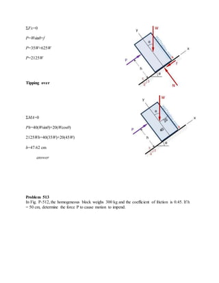 ΣFx=0
P=Wsinθ+f
P=35W+625W
P=2125W
Tipping over
ΣMA=0
Ph=40(Wsinθ)+20(Wcosθ)
2125Wh=40(35W)+20(45W)
h=47.62 cm
answer
Problem 513
In Fig. P-512, the homogeneous block weighs 300 kg and the coefficient of friction is 0.45. If h
= 50 cm, determine the force P to cause motion to impend.
 