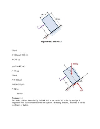 ΣFy=0
N=300cosθ=300(45)
N=240 kg
f=μN=0.45(240)
f=108 kg
ΣFx=0
P+f=300sinθ
P+108=300(35)
P=72 kg
Answer
Problem 514
The 10-kN cylinder shown in Fig. P-514 is held at rest on the 30° incline by a weight P
suspended from a cord wrapped around the cylinder. If slipping impends, determine P and the
coefficient of friction.
 
