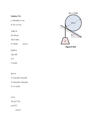 Solution 514
a=10cos60∘=5 cm
b=10−a=5 cm
ΣMA=0
Pb=Wcyla
P(5)=10(5)
P=10 kN answer
ΣMO=0
10f=10P
f=P
f=10 kN
ΣFy=0
N=10cos30∘+Pcos30∘
N=10cos30∘+10cos30∘
N=17.32 kN
f=μN
10=μ(17.32)
μ=0.577
answer
 
