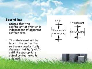 Second law
• States that the
coefficient of friction is
independent of apparent
contact area.
• This statement will be
true if the contacting
surfaces can plastically
deform (that is, "yield")
until the appropriate
actual contact area is
attained.
 