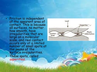 • Friction is independent
of the apparent area of
contact. This is because
all surfaces, no matter
how smooth, have
irregularities that are
large on a molecular
scale, and real contact
occurs only at a limited
number of small spots at
the peaks of the
surface irregularities.
• These spots, called
asperities.
 