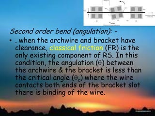Second order bend (angulation): -
• . when the archwire and bracket have
clearance, classical friction (FR) is the
only existing component of RS. In this
condition, the angulation ( ) between
the archwire & the bracket is less than
the critical angle ( c) where the wire
contacts both ends of the bracket slot
there is binding of the wire.
 