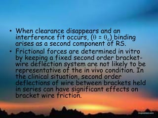 • When clearance disappears and an
interference fit occurs, ( = c) binding
arises as a second component of RS.
• Frictional forces are determined in vitro
by keeping a fixed second order bracket-
wire deflection system are not likely to be
representative of the in vivo condition. In
the clinical situation, second order
deflections of wire between brackets held
in series can have significant effects on
bracket wire friction.
 