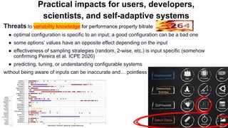 Threats to variability knowledge for performance property bitrate
● optimal configuration is specific to an input; a good configuration can be a bad one
● some options’ values have an opposite effect depending on the input
● effectiveness of sampling strategies (random, 2-wise, etc.) is input specific (somehow
confirming Pereira et al. ICPE 2020)
● predicting, tuning, or understanding configurable systems
without being aware of inputs can be inaccurate and… pointless
Practical impacts for users, developers,
scientists, and self-adaptive systems
 