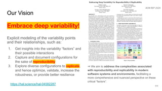 Embrace deep variability!
Explicit modeling of the variability points
and their relationships, such as:
1. Get insights into the variability “factors” and
their possible interactions
2. Capture and document configurations for
the sake of reproducibility
3. Explore diverse configurations to replicate,
and hence optimize, validate, increase the
robustness, or provide better resilience
Our Vision
ACM REP 2024
⇒ We aim to address the complexities associated
with reproducibility and replicability in modern
software systems and environments, facilitating a
more comprehensive and nuanced perspective on these
critical “factors”.
111
https://hal.science/hal-04582287
 