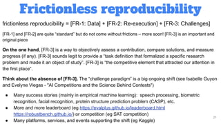 Frictionless reproducibility
21
frictionless reproducibility = [FR-1: Data] + [FR-2: Re-execution] + [FR-3: Challenges]
[FR-1] and [FR-2] are quite “standard” but do not come without frictions – more soon! [FR-3] is an important and
original piece
On the one hand, [FR-3] is a way to objectively assess a contribution, compare solutions, and measure
progress (if any). [FR-3] sounds legit to provide a “task definition that formalized a specific research
problem and made it an object of study”. [FR-3] is “the competitive element that attracted our attention in
the first place”.
Think about the absence of [FR-3]. The “challenge paradigm” is a big ongoing shift (see Isabelle Guyon
and Evelyne Viegas - "AI Competitions and the Science Behind Contests")
● Many success stories (mainly in empirical machine learning): speech processing, biometric
recognition, facial recognition, protein structure prediction problem (CASP), etc.
● More and more leaderboard (eg https://evalplus.github.io/leaderboard.html
https://robustbench.github.io/) or competition (eg SAT competition)
● Many platforms, services, and events supporting the shift (eg Kaggle)
 