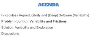 Frictionless Reproducibility and (Deep) Software (Variability)
Problem (cont’d): Variability and Frictions
Solution: Variability and Exploration
Discussions
AGENDA
 