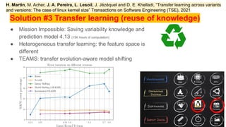 Solution #3 Transfer learning (reuse of knowledge)
● Mission Impossible: Saving variability knowledge and
prediction model 4.13 (15K hours of computation)
● Heterogeneous transfer learning: the feature space is
different
● TEAMS: transfer evolution-aware model shifting
5
78
H. Martin, M. Acher, J. A. Pereira, L. Lesoil, J. Jézéquel and D. E. Khelladi, “Transfer learning across variants
and versions: The case of linux kernel size” Transactions on Software Engineering (TSE), 2021
3
78
 