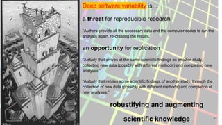 97
Deep software variability is…
a threat for reproducible research
“Authors provide all the necessary data and the computer codes to run the
analysis again, re-creating the results.”
an opportunity for replication
“A study that arrives at the same scientific findings as another study,
collecting new data (possibly with different methods) and completing new
analyses.”
“A study that refutes some scientific findings of another study, through the
collection of new data (possibly with different methods) and completion of
new analyses.”
robustifying and augmenting
scientific knowledge
 