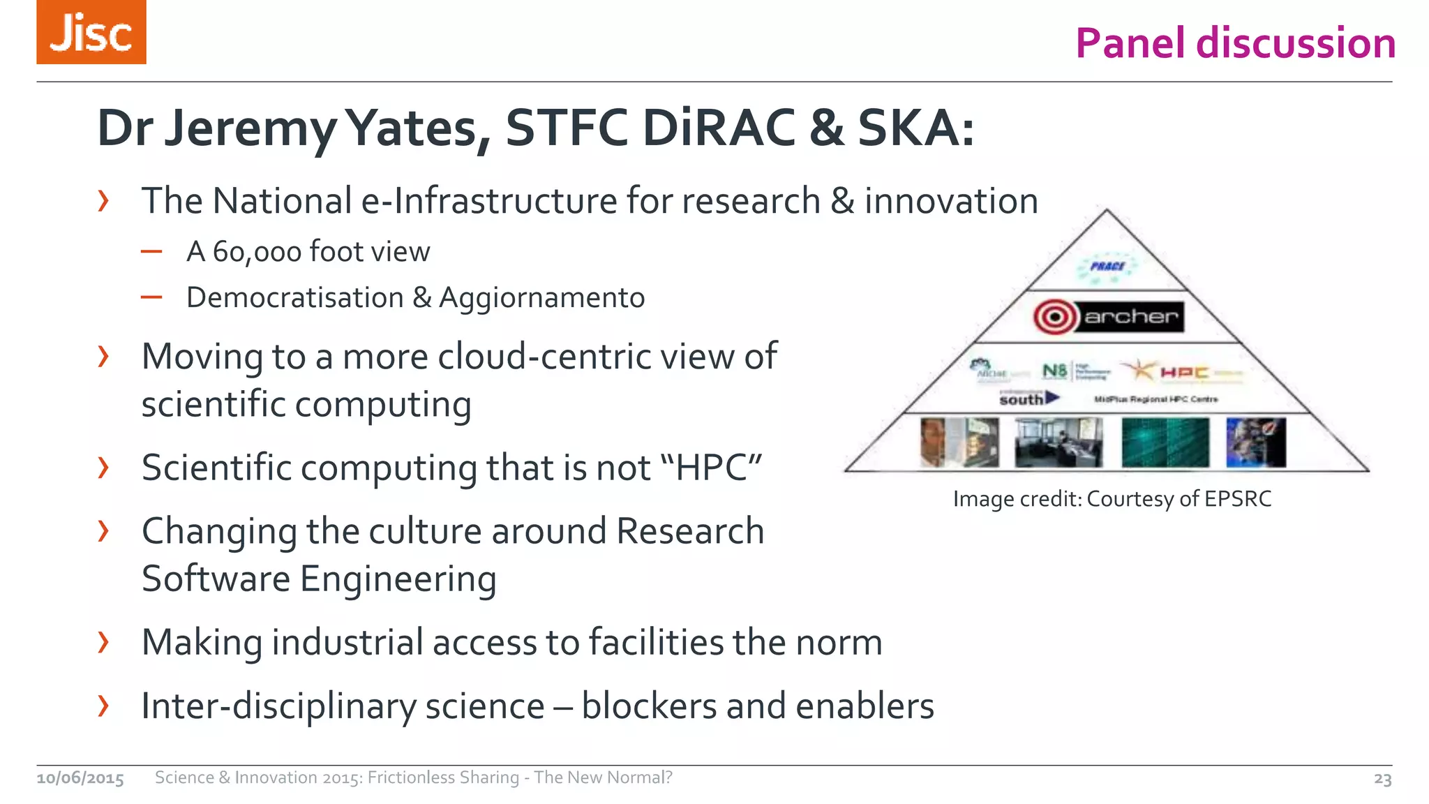 Panel discussion
10/06/2015 Science & Innovation 2015: Frictionless Sharing - The New Normal? 23
Dr JeremyYates, STFC DiRAC & SKA:
› The National e-Infrastructure for research & innovation
– A 60,000 foot view
– Democratisation & Aggiornamento
› Moving to a more cloud-centric view of
scientific computing
› Scientific computing that is not “HPC”
› Changing the culture around Research
Software Engineering
› Making industrial access to facilities the norm
› Inter-disciplinary science – blockers and enablers
Image credit:Courtesy of EPSRC
 