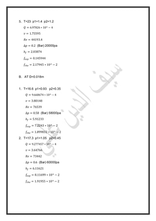 5. T=23 p1=1.4 p2=1.2
𝑄 = 6.97826 ∗ 10^ − 4
𝑣 = 1.75595
𝑅𝑒 = 44193.4
∆𝑝 = 0.2 (Bar) 20000pa
ℎ𝑓 = 2.03874
𝑓𝑒𝑥𝑝 = 0.145944
𝑓𝑡ℎ𝑒 = 2.17945 ∗ 10^ − 2
B. AT D=0.018m
1. T=16.6 p1=0.93 p2=0.35
𝑄 = 9.668674 ∗ 10^ − 4
𝑣 = 3.80148
𝑅𝑒 = 76539
∆𝑝 = 0.58 (Bar) 58000pa
ℎ𝑓 = 5.91233
𝑓𝑒𝑥𝑝 = 7.2243 ∗ 10^ − 2
𝑓𝑡ℎ𝑒 = 1.899832 ∗ 10^ − 2
2. T=17.3 p1=1.05 p2=0.45
𝑄 = 9.277457 ∗ 10^ − 4
𝑣 = 3.64766
𝑅𝑒 = 73442
∆𝑝 = 0.6 (Bar) 60000pa
ℎ𝑓 = 6.11621
𝑓𝑒𝑥𝑝 = 8.11699 ∗ 10^ − 2
𝑓𝑡ℎ𝑒 = 1.91955 ∗ 10^ − 2
 