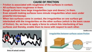CAUSE OF FRICTION
• Friction is associated with roughness of the surfaces in contact.
• All surfaces have roughness in them.
• Rough surfaces have large irregularities (ups and downs ) in them.
• Even smooth looking surfaces have minute irregularities when seen under
powerful microscope.
• When two surfaces come in contact, the irregularities on one surface get
interlocked with the irregularities on the other surface (which is the basic cause
of friction). So, we have to apply a force to unlock this interlocking of two
surfaces and thereby, enable them to move with respect to each other.
Area of actual contact
 