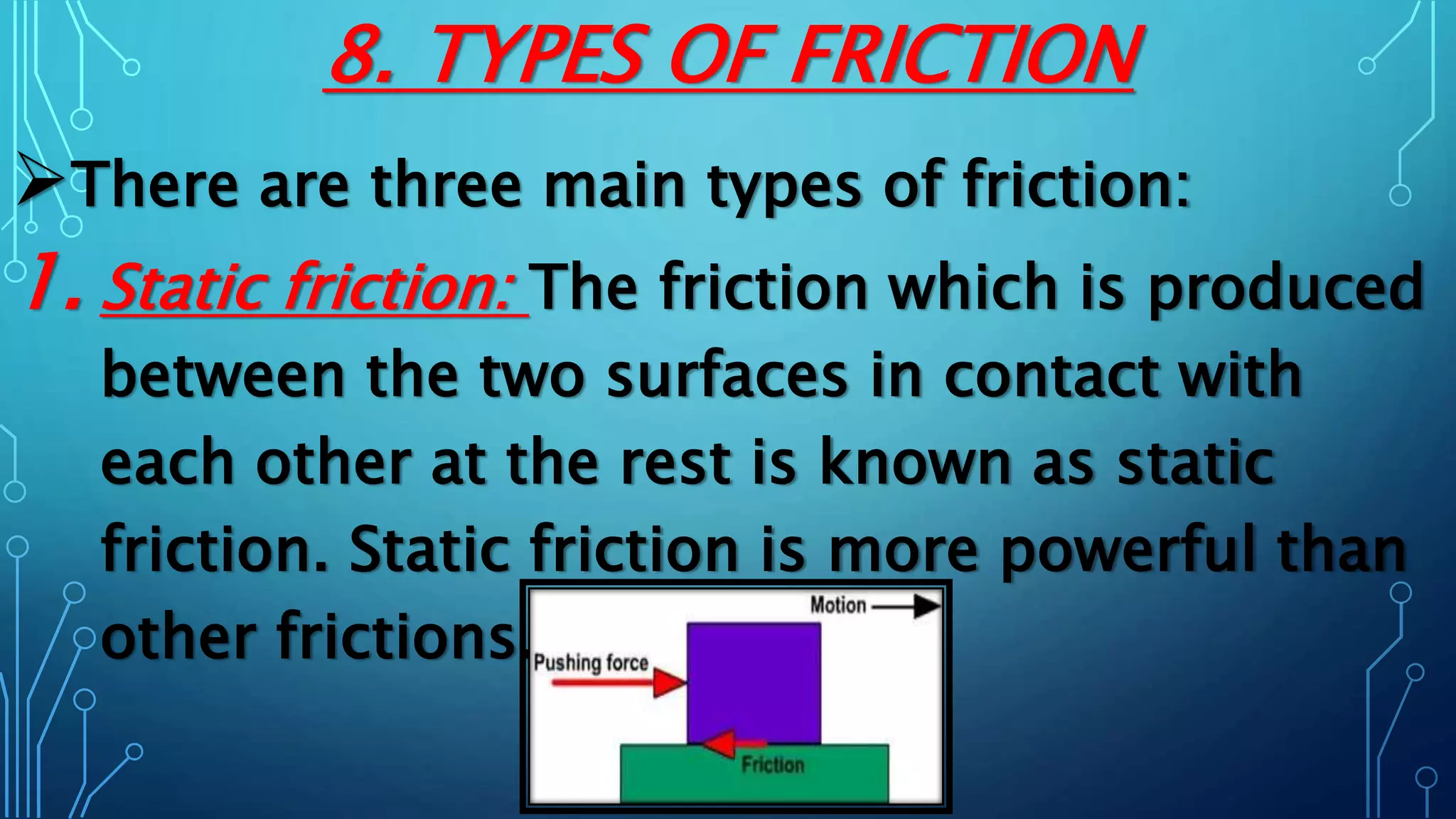 8. TYPES OF FRICTION
There are three main types of friction:
1. Static friction: The friction which is produced
between the two surfaces in contact with
each other at the rest is known as static
friction. Static friction is more powerful than
other frictions.
 