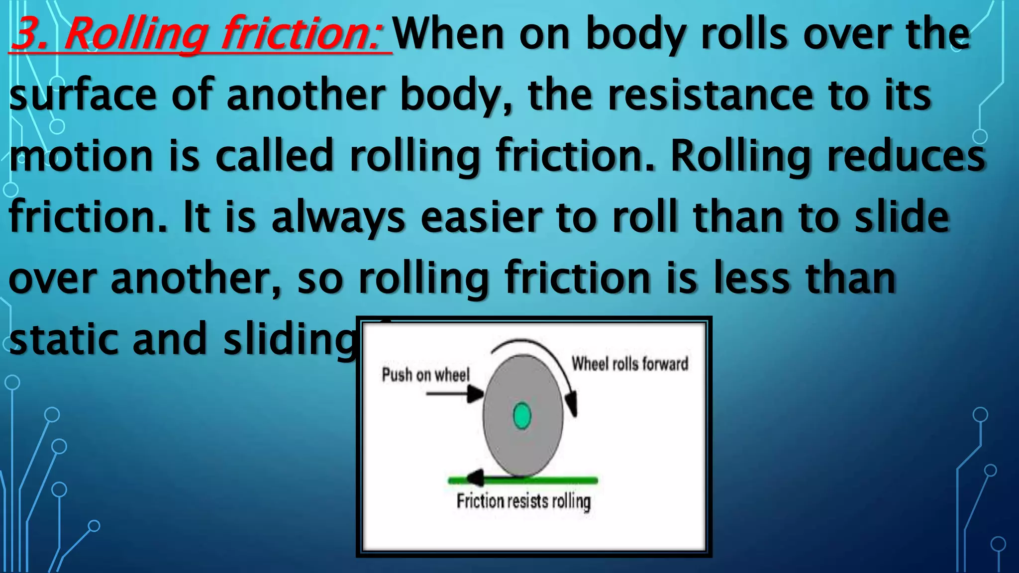 3. Rolling friction: When on body rolls over the
surface of another body, the resistance to its
motion is called rolling friction. Rolling reduces
friction. It is always easier to roll than to slide
over another, so rolling friction is less than
static and sliding friction.
 
