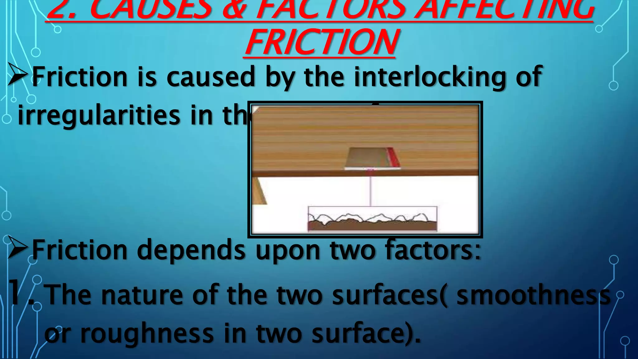2. CAUSES & FACTORS AFFECTING
FRICTION
Friction is caused by the interlocking of
irregularities in the two surfaces.
Friction depends upon two factors:
1. The nature of the two surfaces( smoothness
or roughness in two surface).
 