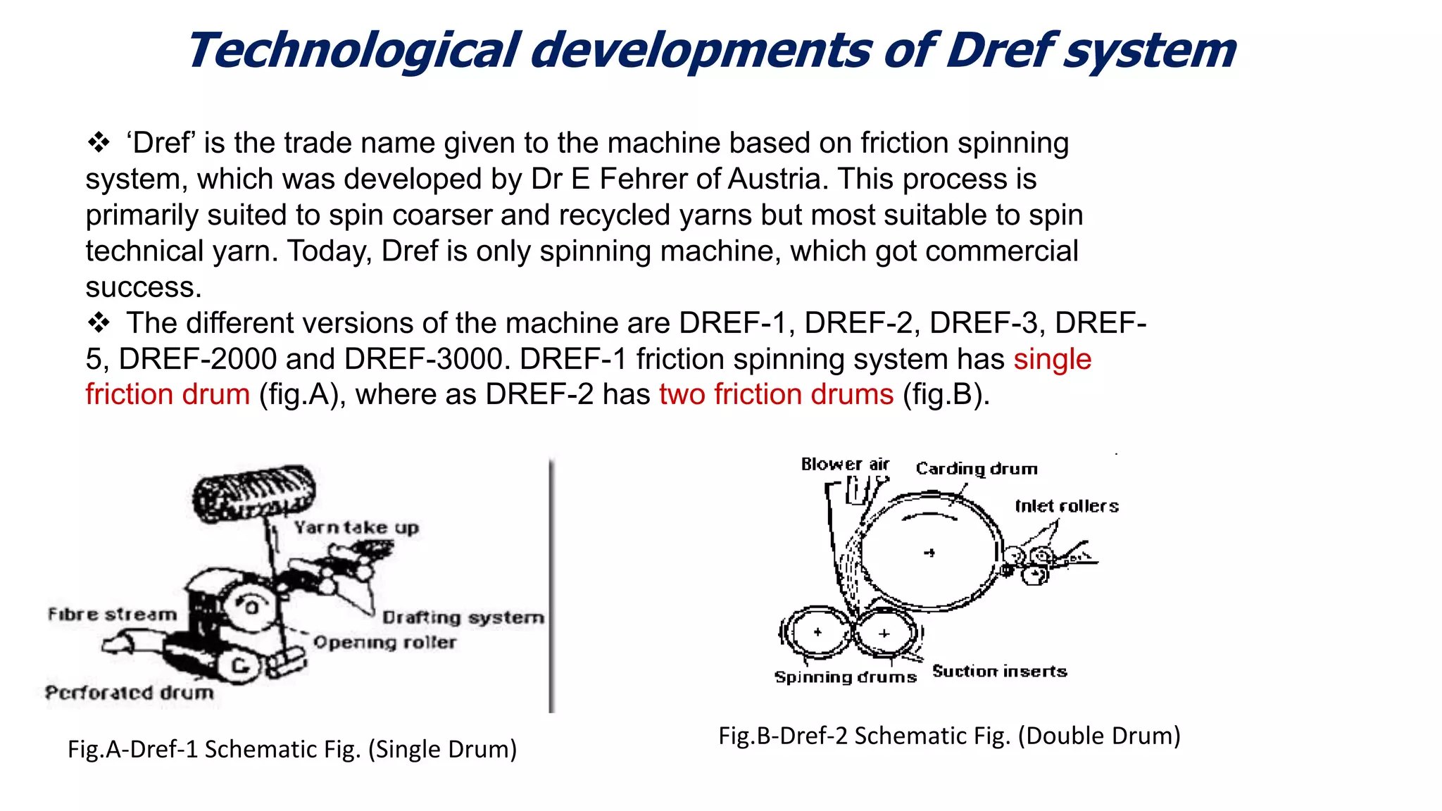Technological developments of Dref system
 ‘Dref’ is the trade name given to the machine based on friction spinning
system, which was developed by Dr E Fehrer of Austria. This process is
primarily suited to spin coarser and recycled yarns but most suitable to spin
technical yarn. Today, Dref is only spinning machine, which got commercial
success.
 The different versions of the machine are DREF-1, DREF-2, DREF-3, DREF-
5, DREF-2000 and DREF-3000. DREF-1 friction spinning system has single
friction drum (fig.A), where as DREF-2 has two friction drums (fig.B).
Fig.A-Dref-1 Schematic Fig. (Single Drum) Fig.B-Dref-2 Schematic Fig. (Double Drum)
 