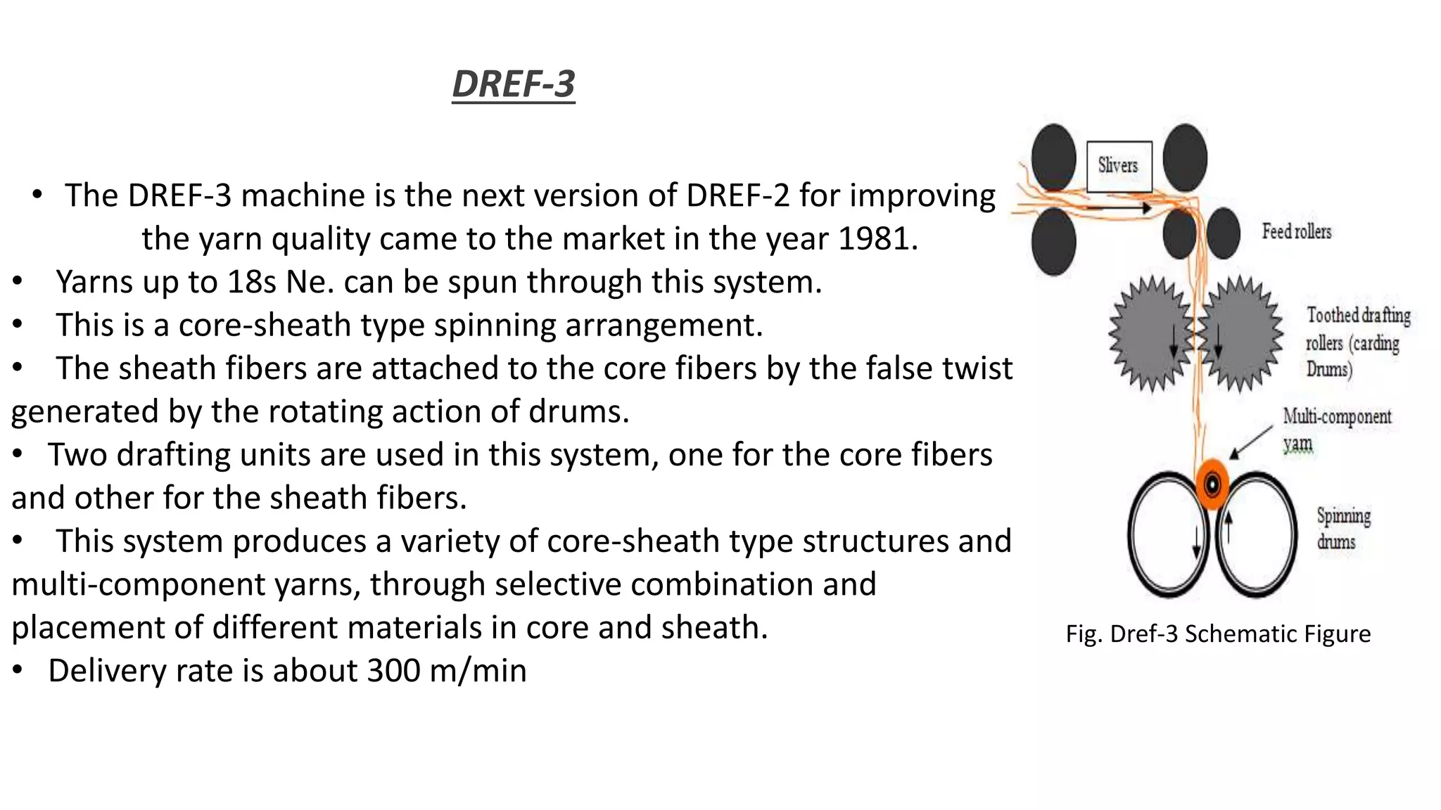 DREF-3
• The DREF-3 machine is the next version of DREF-2 for improving
the yarn quality came to the market in the year 1981.
• Yarns up to 18s Ne. can be spun through this system.
• This is a core-sheath type spinning arrangement.
• The sheath fibers are attached to the core fibers by the false twist
generated by the rotating action of drums.
• Two drafting units are used in this system, one for the core fibers
and other for the sheath fibers.
• This system produces a variety of core-sheath type structures and
multi-component yarns, through selective combination and
placement of different materials in core and sheath.
• Delivery rate is about 300 m/min
Fig. Dref-3 Schematic Figure
 