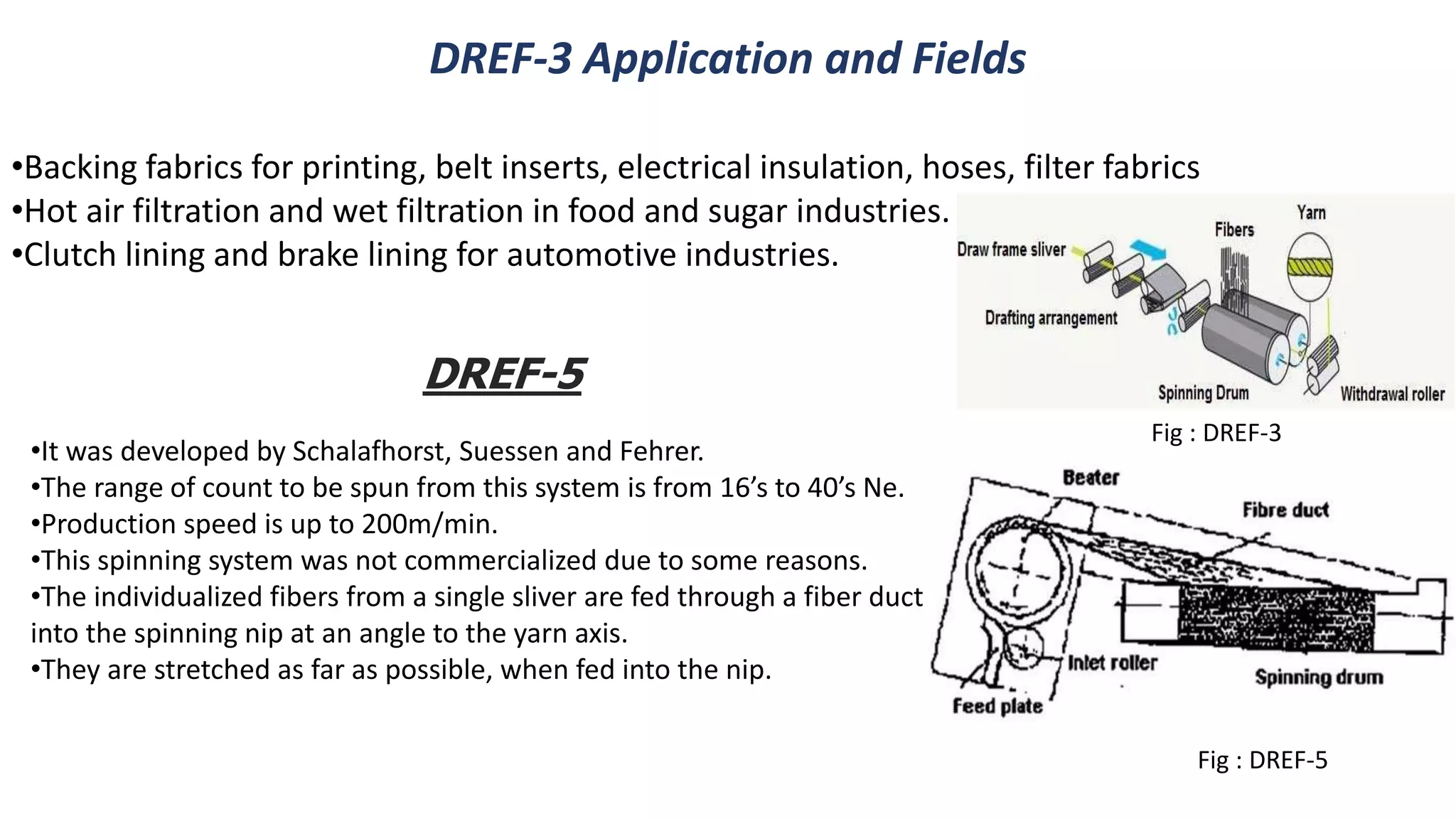 DREF-3 Application and Fields
•Backing fabrics for printing, belt inserts, electrical insulation, hoses, filter fabrics
•Hot air filtration and wet filtration in food and sugar industries.
•Clutch lining and brake lining for automotive industries.
DREF-5
•It was developed by Schalafhorst, Suessen and Fehrer.
•The range of count to be spun from this system is from 16’s to 40’s Ne.
•Production speed is up to 200m/min.
•This spinning system was not commercialized due to some reasons.
•The individualized fibers from a single sliver are fed through a fiber duct
into the spinning nip at an angle to the yarn axis.
•They are stretched as far as possible, when fed into the nip.
Fig : DREF-5
Fig : DREF-3
 