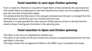 Twist insertion in core-type friction spinning
•Core is made of a filament or a bundle of staple fibers is false twisted by the spinning drum.
•The sheath fibers are deposited on the false twisted core surface and are wrapped helically
over the core with varying helix angles.
•It is believed that the false twist in the core gets removed once the yarn is emerged from the
spinning drums, so that this yarn has virtually twist less core.
•However, it is quite possible for some amount of false twist to remain in the fact that the
sheath entraps it during yarn formation in the spinning zone.
Twist insertion in Open end friction spinning
•The fibers in the yarn are integrated as stacked cone.
•The fibers in the surface of the yarn found more compact and good packing density than the
axial fibers in the yarn.
•The Figure shown the arrangement of fibers in the DREF-3 yarn as stacked cone shape .
 