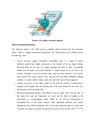 Friction stir welding schematic diagram
Micro structural features
The solid-state nature of the FSW process, combined with its unusual tool and asymmetric
nature, results in a highly characteristic microstructure. The microstructure can be broken up into
the following zones:
 The stir zone (also nugget, dynamically recrystallised zone) is a region of heavily
deformed material that roughly corresponds to the location of the pin during welding.
The grains within the stir zone are roughly equiaxed and often an order of magnitude
smaller than the grains in the parent material. A unique feature of the stir zone is the
common occurrence of several concentric rings which has been referred to as an "onion-
ring" structure. The precise origin of these rings has not been firmly established, although
variations in particle number density, grain size and texture have all been suggested.
 The flow arm zone is on the upper surface of the weld and consists of material that is
dragged by the shoulder from the retreating side of the weld, around the rear of the tool,
and deposited on the advancing side.
 The thermo-mechanically affected zone (TMAZ) occurs on either side of the stir zone. In
this region the strain and temperature are lower and the effect of welding on the
microstructure is correspondingly smaller. Unlike the stir zone the microstructure is
recognizably that of the parent material, albeit significantly deformed and rotated.
Although the term TMAZ technically refers to the entire deformed region it is often used
to describe any region not already covered by the terms stir zone and flow arm.[citation needed]
 