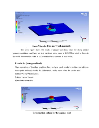 Stress Values for Circular Tool Assembly
The above figure shows the results of circular tool stress values for above applied
boundary conditions. And here we have maximum stress value is 462.45Mpa which is shown in
red colour and minimum value is 0.13046Mpa which is shown in blue colour.
Results for (hexagonaltool)
After completion of boundary conditions here we have check results by solving. Just click on
solve option and select results like deformation, strain, stress values for circular tool.
Solutionsolvedeformation
Solutionsolvestrain
Solutionsolvestress
Deformation values for hexagonal tool
 