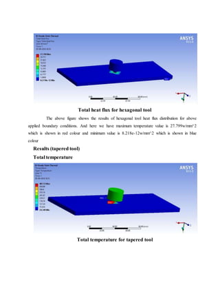 Total heat flux for hexagonal tool
The above figure shows the results of hexagonal tool heat flux distribution for above
applied boundary conditions. And here we have maximum temperature value is 27.799w/mm^2
which is shown in red colour and minimum value is 8.218e-12w/mm^2 which is shown in blue
colour
Results (tapered tool)
Totaltemperature
Total temperature for tapered tool
 