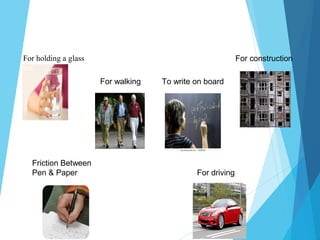 For holding a glass
For walking To write on board
For construction
Friction Between
Pen & Paper For driving
 