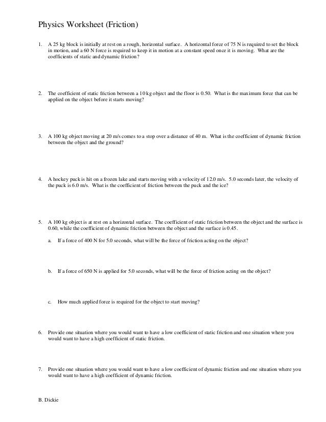 Friction Worksheet Friction Worksheet