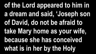 of the Lord appeared to him in
a dream and said, ‘Joseph son
of David, do not be afraid to
take Mary home as your wife,
because she has conceived
what is in her by the Holy
 