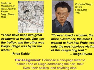 "If I ever loved a woman, the
more I loved her, the more I
wanted to hurt her. Frida was
only the most obvious victim
of this disgusting trait.”
-- Diego Rivera
Portrait of Diego
Rivera
Frida Kahlo
1937
“There have been two great
accidents in my life. One was
the trolley, and the other was
Diego. Diego was by far the
worst.”
--Frida Kahlo
Sketch for
Nightmare of
War, Dream of
Peace
Diego Rivera,
1952
HW Assignment: Compose a one-page letter to
either Frida or Diego addressing their art, their
lives, their politics, and anything else.
 