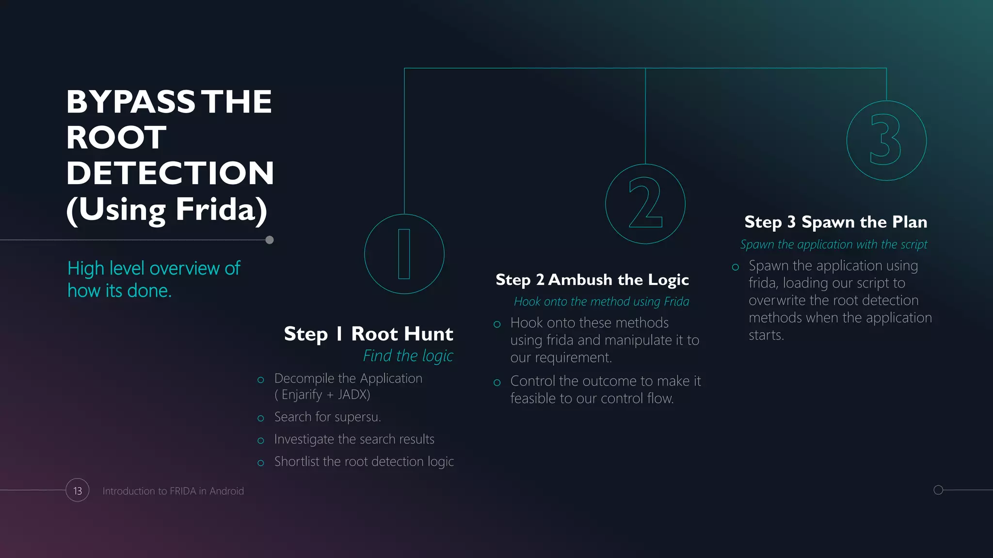 BYPASSTHE
ROOT
DETECTION
(Using Frida)
High level overview of
how its done.
Step 1 Root Hunt
Find the logic
o Decompile the Application
( Enjarify + JADX)
o Search for supersu.
o Investigate the search results
o Shortlist the root detection logic
Step 2 Ambush the Logic
Hook onto the method using Frida
o Hook onto these methods
using frida and manipulate it to
our requirement.
o Control the outcome to make it
feasible to our control flow.
Step 3 Spawn the Plan
Spawn the application with the script
o Spawn the application using
frida, loading our script to
overwrite the root detection
methods when the application
starts.
13 Introduction to FRIDA in Android
 