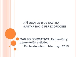 J.N JUAN DE DIOS CASTRO
MARTHA ROCIO PEREZ ORDOÑEZ
CAMPO FORMATIVO: Expresión y
apreciación artística
Fecha de inicio 11de mayo 2015
 