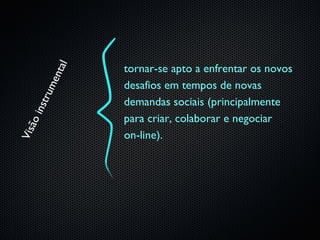 tornar-se apto a enfrentar os novos
             al
         en t

                  desafios em tempos de novas
     ru m



                  demandas sociais (principalmente
   i n st




                  para criar, colaborar e negociar
    ão
Vis




                  on-line).
 