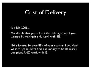 Cost of Delivery

It is July 2006...
You decide that you will cut the delivery cost of your
webapp by making it only work with IE6.

IE6 is favored by over 85% of your users and you don’t
want to spend extra time and money to be standards
compliant AND work with IE.
 
