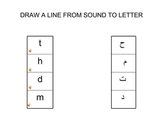 DRAW A LINE FROM SOUND TO LETTER m d h t د   ت   م  ح   