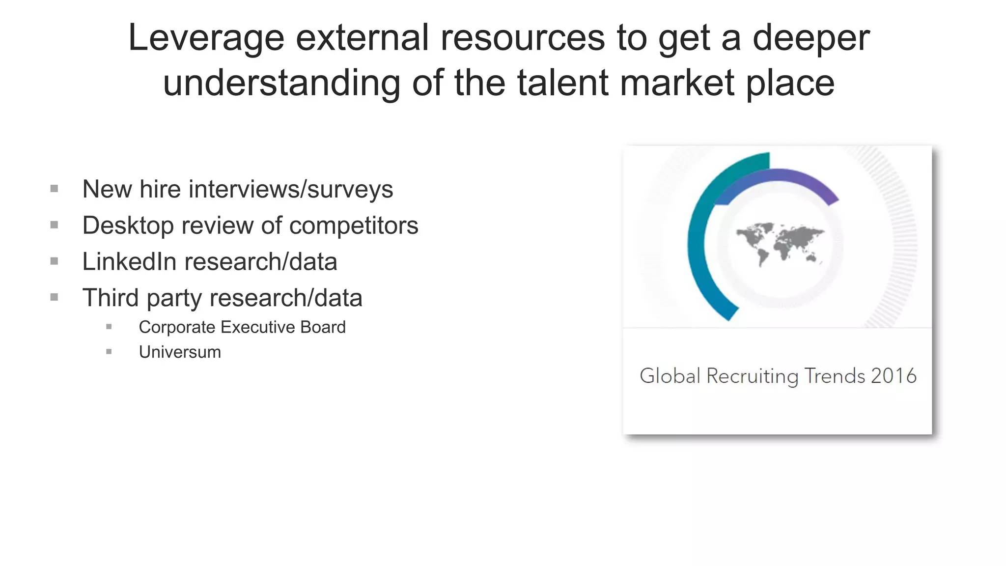 Leverage external resources to get a deeper
understanding of the talent market place
 New hire interviews/surveys
 Desktop review of competitors
 LinkedIn research/data
 Third party research/data
 Corporate Executive Board
 Universum
 