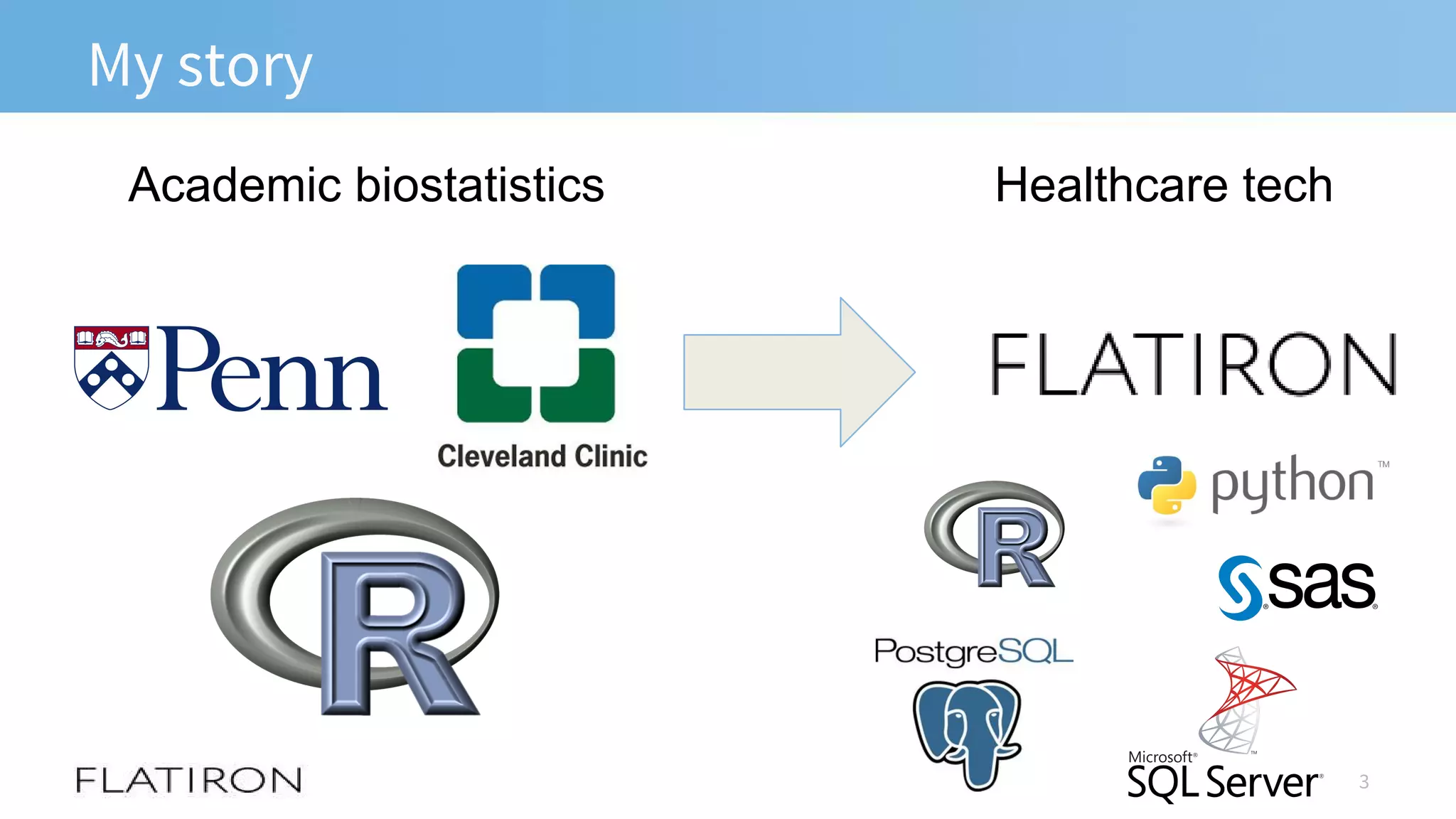 My story
3
Academic biostatistics Healthcare tech
 