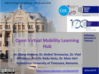 Open Virtual Mobility Learning
Hub
Dr. Diana Andone, Dr. Andrei Ternauciuc, Dr. Vlad
Mihăescu, Prof.Dr. Radu Vasiu, Dr. Silviu Vert
Politehnica University of Timisoara, Romania
@diando70http://www.slideshare.net/diando70/
EADTU & OpenVM Webinar , 18-19 June 2020
 