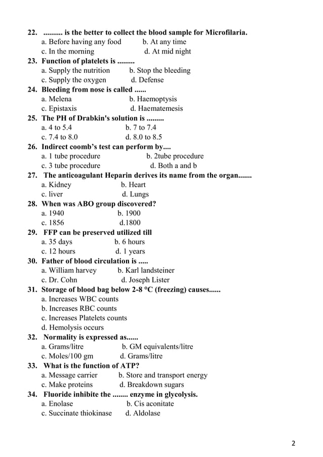 MCQ for Medical Lab Technician