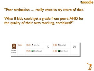“ Peer evaluation … really want to try more of that.  What if kids could get a grade from peers AND for the quality of their own marking, combined!” 