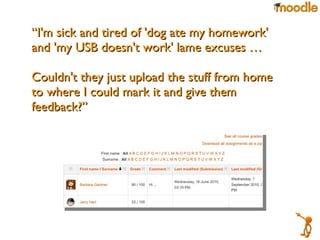 “ I'm sick and tired of 'dog ate my homework' and 'my USB doesn't work' lame excuses …  Couldn't they just upload the stuff from home to where I could mark it and give them feedback?”  