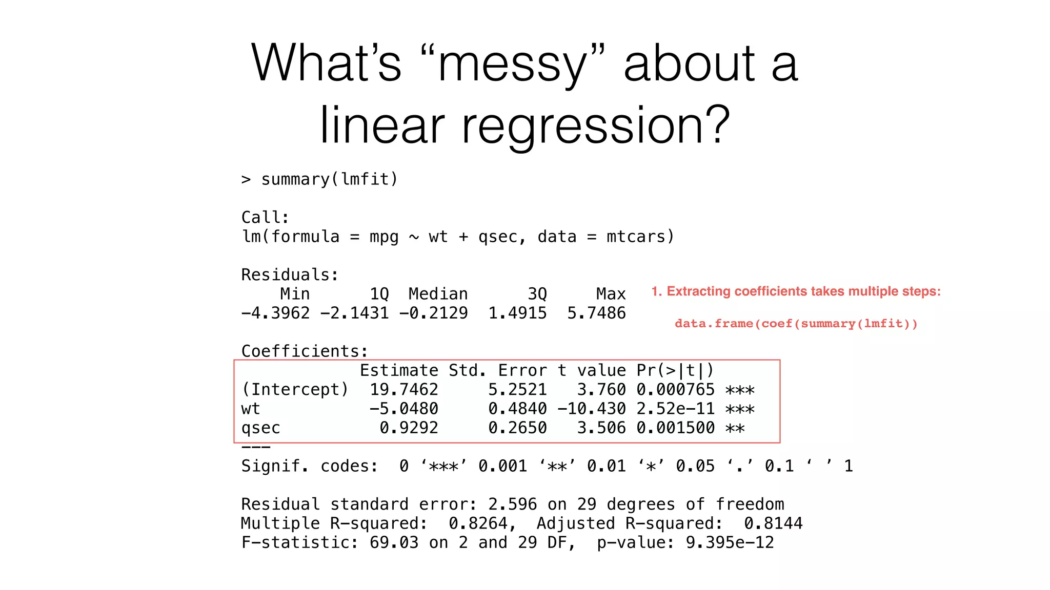 What’s “messy” about a linear regression? > summary(lmfit) Call: lm(formula = mpg ~ wt + qsec, data = mtcars) Residuals: Min 1Q Median 3Q Max -4.3962 -2.1431 -0.2129 1.4915 5.7486 Coefficients: Estimate Std. Error t value Pr(>|t|) (Intercept) 19.7462 5.2521 3.760 0.000765 *** wt -5.0480 0.4840 -10.430 2.52e-11 *** qsec 0.9292 0.2650 3.506 0.001500 ** --- Signif. codes: 0 ‘***’ 0.001 ‘**’ 0.01 ‘*’ 0.05 ‘.’ 0.1 ‘ ’ 1 Residual standard error: 2.596 on 29 degrees of freedom Multiple R-squared: 0.8264, Adjusted R-squared: 0.8144 F-statistic: 69.03 on 2 and 29 DF, p-value: 9.395e-12 1. Extracting coefﬁcients takes multiple steps: data.frame(coef(summary(lmfit)) 