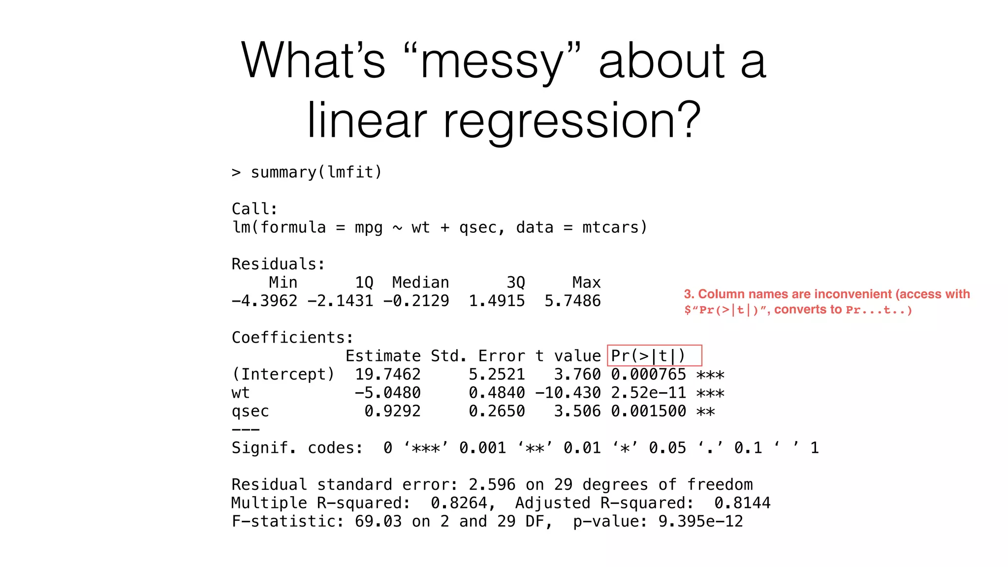 What’s “messy” about a linear regression? > summary(lmfit) Call: lm(formula = mpg ~ wt + qsec, data = mtcars) Residuals: Min 1Q Median 3Q Max -4.3962 -2.1431 -0.2129 1.4915 5.7486 Coefficients: Estimate Std. Error t value Pr(>|t|) (Intercept) 19.7462 5.2521 3.760 0.000765 *** wt -5.0480 0.4840 -10.430 2.52e-11 *** qsec 0.9292 0.2650 3.506 0.001500 ** --- Signif. codes: 0 ‘***’ 0.001 ‘**’ 0.01 ‘*’ 0.05 ‘.’ 0.1 ‘ ’ 1 Residual standard error: 2.596 on 29 degrees of freedom Multiple R-squared: 0.8264, Adjusted R-squared: 0.8144 F-statistic: 69.03 on 2 and 29 DF, p-value: 9.395e-12 3. Column names are inconvenient (access with $“Pr(>|t|)”, converts to Pr...t..) 