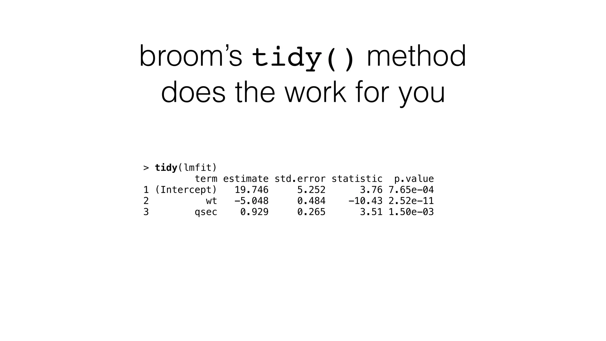 broom’s tidy() method does the work for you > tidy(lmfit) term estimate std.error statistic p.value 1 (Intercept) 19.746 5.252 3.76 7.65e-04 2 wt -5.048 0.484 -10.43 2.52e-11 3 qsec 0.929 0.265 3.51 1.50e-03 