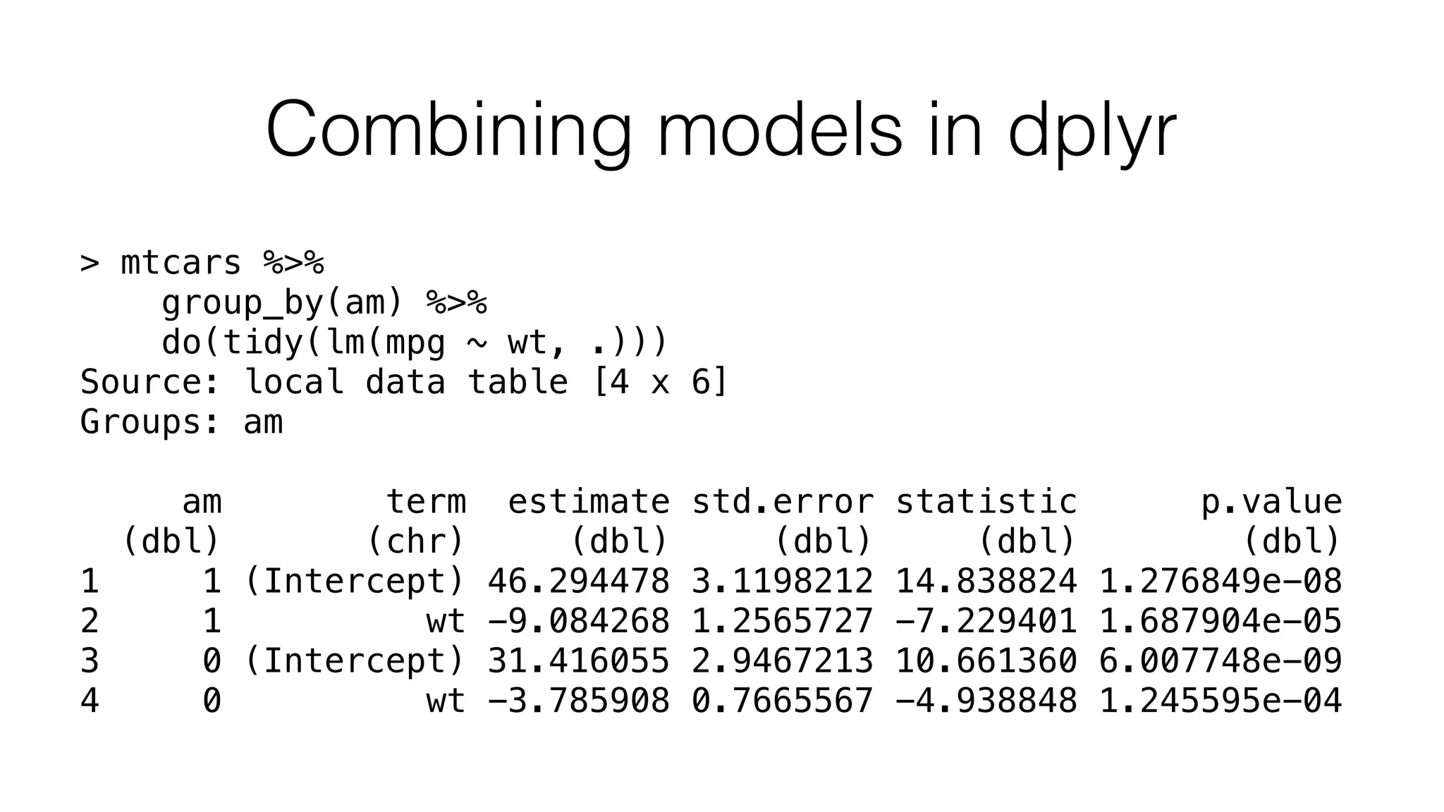 Combining models in dplyr > mtcars %>% group_by(am) %>% do(tidy(lm(mpg ~ wt, .))) Source: local data table [4 x 6] Groups: am am term estimate std.error statistic p.value (dbl) (chr) (dbl) (dbl) (dbl) (dbl) 1 1 (Intercept) 46.294478 3.1198212 14.838824 1.276849e-08 2 1 wt -9.084268 1.2565727 -7.229401 1.687904e-05 3 0 (Intercept) 31.416055 2.9467213 10.661360 6.007748e-09 4 0 wt -3.785908 0.7665567 -4.938848 1.245595e-04 